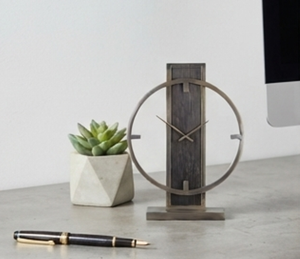 Modern Geometric Wood Desk <b>Clock</b> With Sleek Open-Circle Metal Frame Finish Rustic Design <b>Battery</b> Operated Quartz Movement - Product Image 2