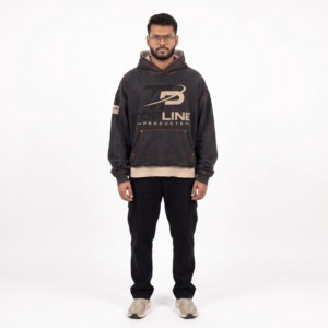 Sudadera con Capucha Térmica de Forro Polar para Hombre, 380g, Color Gris Oscuro con Ribete Marrón, Estampado de Letras en la Manga Izquierda, Estilo Casual para Otoño - Product Image 1