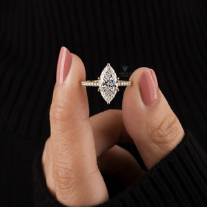 Anillo de compromiso de oro macizo de 14K/18K con diamante marquesa cultivado en laboratorio y engaste de cesta tipo tulipán, diamantes DEF VVS certificados - Product Image 1