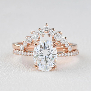 Rose Gold Oval Lab Grown Diamond <b>Crown</b> Bridal <b>Ring</b> Set - Product Image 1