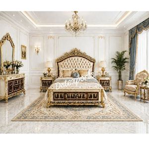 Cama tamaño Queen de madera de teca de lujo y muebles de dormitorio, juego de cama moderno italiano tallado a mano con acabado dorado - Product Image 5