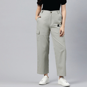 Women High Waist Cargo <b>Pants</b> Solid Color Canvas Ankle-Length Loose Fit With Pockets Breathable Casual Style - Product Image 1