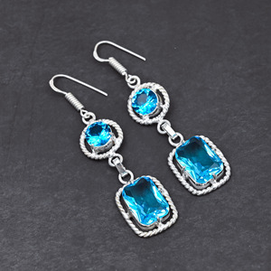 Pendientes Personalizados de Plata de Ley con Bisel Octogonal de Topacio Azul de Londres Creado en Laboratorio, 10x14 mm, Chapados en Plata, 1.90, Regalo para Fiestas - Product Image 1