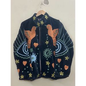 Women's Black <b>Velvet</b> <b>Jacket</b> with mandarin collar Orange Bird Embroidered eye Pattern Winter <b>jacket</b> - Product Image 6