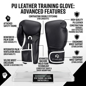 Guantes de Boxeo FitnFight Gear para Entrenamiento de Sparring, Muay Thai, Kick Boxing, Sanda, 10oz 16oz, Transpirables, Personalizables, de Cuero PU - Product Image 5