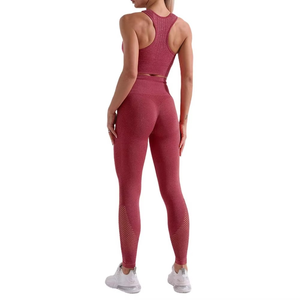 <b>Women</b> 2 Piece Yoga Set Solid Color Ribbed Crop <b>Top</b> High Waist Leggings Breathable <b>Mesh</b> Seamless Full Length Workout Outfit - Product Image 5