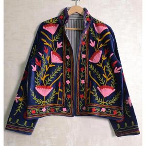 Boho <b>Velvet</b> Suzani Embroidery Quilted Breathable Stand <b>Jacket</b> Indian Handmade Long Sleeve <b>Women</b> Designer Ethnic Winter Wear - Product Image 1