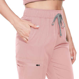 Ensemble de tenues d'infirmière rose pâle respirant pour femmes, uniformes d'hôpital, design col croisé, pantalon jogger ajusté, vêtements de travail en spandex doux - Product Image 6
