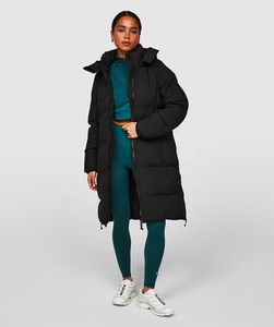 Women's Long Down <b>Coat</b> Black <b>Hooded</b> Full Sleeve Zipper Closure Warm <b>Winter</b> Outerwear Casual Style Solid Color - Product Image 2