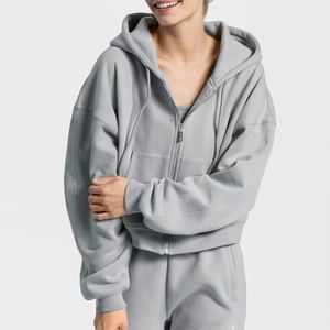 Sudadera con capucha extragrande cremosa para mujer, con cremallera, manga larga, color liso, de punto, forro polar de algodón, para otoño - Product Image 3