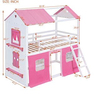 Elegante Letto a Castello Singolo con Finestre e Davanzali in Legno Rosa e Bianco per Bambini - Product Image 6