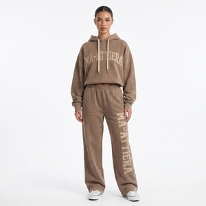 Custom Women Brown Washed Hoodie <b>Wide</b> <b>Leg</b> <b>Jogger</b> Set Cotton Fleece Streetwear Tracksuit OEM Wholesale - Product Image 1