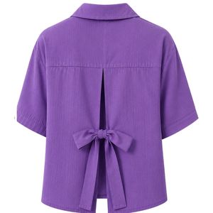 Camisa Corta Bordada Morada Personalizada para Mujer, Blusa Casual de Verano con Botones, Top de Moda con Logotipo Personalizado, Mezcla de Lino - Product Image 2