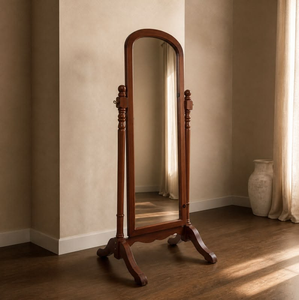 Modern natural light wood <b>full</b> <b>length</b> floor <b>mirror</b> crafted with a scalloped carved frame, available at wholesale prices. - Product Image 6