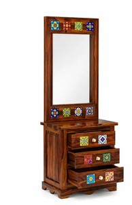 Solid Wood Dressing Table with Tall Mirror | Ceramic Tile Inlay Makeup <b>Vanity</b> | Wholesale <b>Bedroom</b> Furniture - Product Image 5