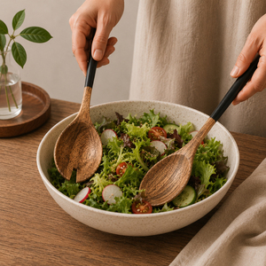 Handcrafted Mango Wood <b>Salad</b> Server Set of 2 with Modern Matte Black Handle Eco-Friendly Wooden Serving Spoons for Home & Hotel - Product Image 4