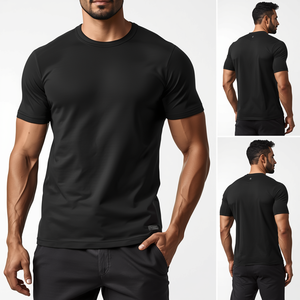 T-shirt de sport pour homme noir uni en polyester 220 GSM à séchage rapide, coupe ajustée, manches courtes, avec poche, col ras du cou, vente en gros - Product Image 1