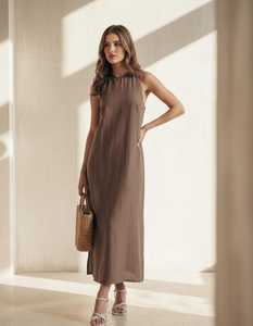Vestido Maxi de Lino 100% para Mujer, Transpirable, Sencillo, con Corte Acampanado, Sin Mangas, con Tirantes Ajustables, Corte Regular, Estilo Casual de Verano, Fluido, Ideal para Vacaciones, Natural y Dulce - Product Image 5