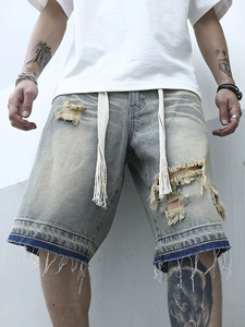 Men Summer Stretchy Denim Jeans Shorts For Men Cargo Casual Wide Leg <b>Elastic</b> Waist Ripped Cargo Baggy Shorts Y2k Streetwear Pant - Product Image 2