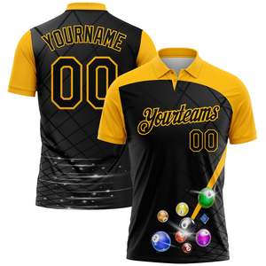 Maillot de baseball personnalisé sublimé pour homme, motif billes de billard noir et jaune, anti-humidité, manches courtes, col rabattable - Product Image 1