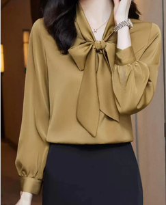 Blusa de Satén Verde con Cuello en V y Lazo, Manga Tres Cuartos, Camisa Formal para Mujer, Color Sólido, Antiarrugas, para Primavera - Product Image 2