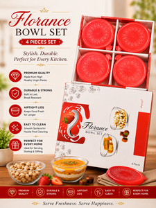 Ensemble de 4 bols de rangement en verre de luxe Florence avec couvercles rouges imprimés, faciles à nettoyer, récipients alimentaires pour cadeau de pendaison de crémaillère - Product Image 1