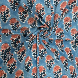 Handcrafted Blue & Coral <b>Repeating</b> Floral Cotton Fabric. Indian textile Cotton. - Product Image 1
