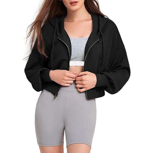 <b>Women's</b> <b>Black</b> Cropped <b>Hoodie</b> <b>Zip</b>-Up Sweatshirt Full Sleeve Solid Color Knitted Cotton Autumn Wear Casual Style - Product Image 4