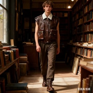 Retro Distressed PU Two-Piece Look Fleece Collar <b>Utility</b> <b>Vest</b>-Men's Winter Outerwear Casual Multi-Pocket Sleeveless Waistcoat - Product Image 6