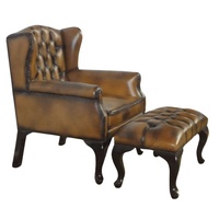Chesterfield Sofa Sessel mit Hocker Echtes Leder Chaiselongue Sofa Couch aus Mahagoni für Wohnzimmermöbel