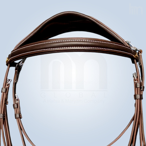 Brida de cuero marrón premium para caballo con costuras blancas elegantes y ceñuela de puño - Acolchada, anatómica, para equitación de caza y salto - Product Image 4