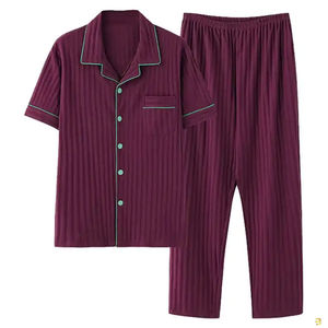 Conjunto de Pijama de Manga Corta para Hombre, Personalizado, de Algodón Tejido, Color Sólido, Cuello Camisero, Ropa de Dormir Informal para Verano - Product Image 5