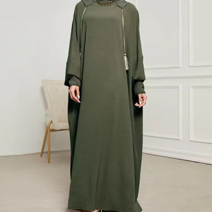 OEM Pure Green Apricot Color Crinkle <b>Elastic</b> Fabric Loose Size <b>Elastic</b> Cuff Tassel Drawstring Hoodies Muslim <b>Dress</b> for Women Eid - Product Image 1