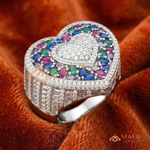 Luxury 925 Sterling <b>Silver</b> Multi-Color Gemstone Heart <b>Ring</b> Iced Out Statement <b>Ring</b> <b>for</b> <b>Men</b> Women Hip Hop Jewellery High Quality - Product Image 1