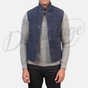 Chaleco Premium para Hombre, Azul Marino, de Cuero de Gamuza Acolchado, con Botones, Cuello Alto, Sin Mangas, Corte Ajustado, Acolchado, para Invierno - Product Image 6