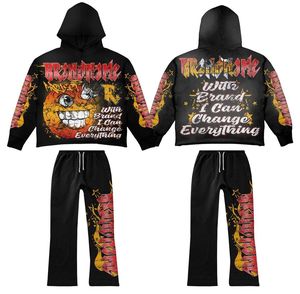Ensemble de survêtement unisexe délavé style vintage avec sweat à capuche épais et pantalon évasé imprimé sur toute la surface – Vente en gros - Product Image 4