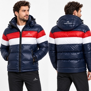 Veste matelassée à capuche pour homme, bleu marine, rouge et blanc, chaude, matelassée, pour l'hiver, veste d'extérieur légère, imperméable, One Apex - Product Image 1