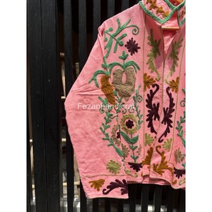 Veste en coton rose brodée, col mandarin, broderie florale à la main, vêtements de printemps pour femmes - Product Image 4