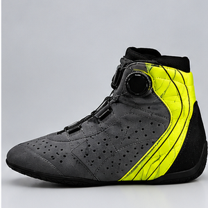 Bottes de moto AULTRA ONE ENTERPRISES grises et jaunes fluo, respirantes, à bout rond, montantes, avec fermeture auto-agrippante, en cuir véritable - Product Image 1