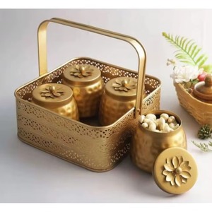 Optimum Quality Golden Metal <b>Spice</b> <b>Jar</b> Set with Floral Lids and Carry Handle Durable Herb Storage Container - Product Image 1