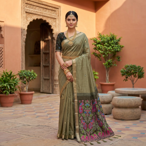 Sari de algodón de diseño moderno con un rico pallu floral para todas las ocasiones, ideal para bodas. Sari indio disponible a precio de mayorista. - Product Image 4