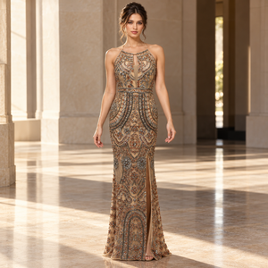 Statement Bronze Embellished Evening Gown Halter Neck Keyhole Bodice Geometric Beadwork | Fitted Floor Length Sheath Party <b>Dress</b> - Product Image 2