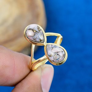 Natural Pink Opal Copper Pear Shape Gemstone Ring Handmade18K Gold Micron Over 925 Sterling Silver - Product Image 1