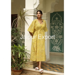 Caftan fait à la main vêtements pour femmes robe jaune imprimé fleuri long coton caftan grande taille vêtements pour femmes caftan tenue décontracté - Product Image 2