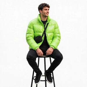 Men's Green Waterproof PU Fabric Puffer <b>Jacket</b> <b>Patch</b> Designs Stand Collar Zipper Closure Thick Warm Winter Casual Slim Fit - Product Image 6