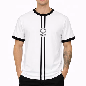 <b>Men</b>’s <b>White</b> Graphic T <b>Shirt</b> – Premium Cotton Regular Fit <b>Short</b> <b>Sleeve</b> with Black Contrast Collar and <b>Sleeve</b> Trim Vertical Stripe - Product Image 1