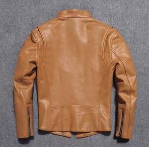 Genuine <b>Leather</b> Eco-friendly Biker <b>Jacket</b> Breathable Slim Fit Color Blocking Stand Collar <b>Men's</b> Casual Front logo <b>Jacket</b> - Product Image 2