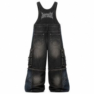 Zipper Pocket Cargo Overalls Two Tone Washed <b>Dungarees</b> Unisex <b>Loose</b> <b>Fit</b> Cyber Y2K Streetwear Apparel Manufacturer - Product Image 3