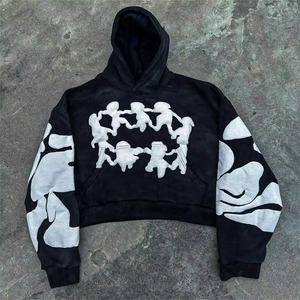 Sudadera con capucha para hombre con estampado Puff de colores sólidos, Sudadera con capucha con estampado de Puff en blanco recortada de algodón grueso de gran tamaño para hombres y mujeres - Product Image 1