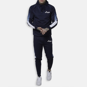 Men's Navy Blue Hooded <b>Tracksuit</b> Color Blocking Full Length Sweatshirt Jogger Set Casual Wear Breathable Polyester Autumn Outfit - Product Image 2
